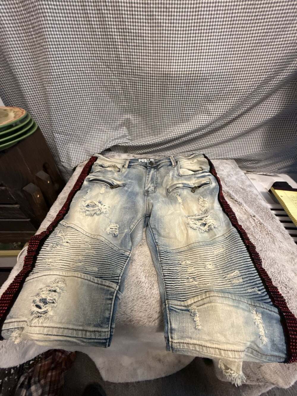 Preme Men's Light Wash Denim Jeans with Rhinestone Side Stripes and Distressed D